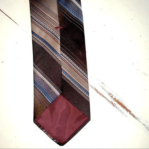 Vintage 70s AMBASSADOR Retro Brown and Blue Striped Polyester Tie - Picture 3 of 4